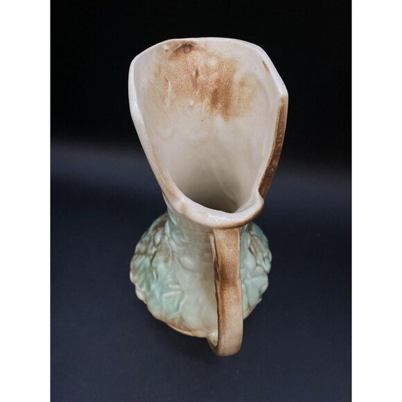McCoy Pottery Footed Pitcher Vase Aqua Blue Brown Leaves Grape Vine Vintage - Picture 6 of 9